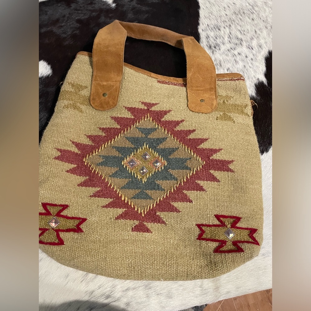 VTG Scully Southwestern Boho Textile Kilim Leather Aztec Shoulder‎ Tote Bag